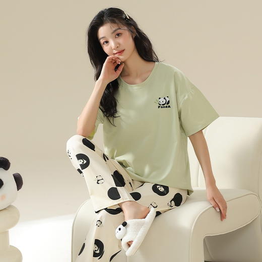 【自带无感Bra 贴身舒适 防凸点外穿不尴尬】2024夏季新款带胸垫睡衣 女棉质短袖长裤 可外穿薄款 女士家居服-QQ 商品图0
