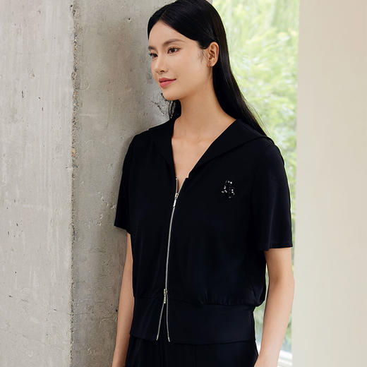 玳莎海军领短款外套女2024年秋季新款钉珠拉链设计感小众针织衫  EC37101 商品图0