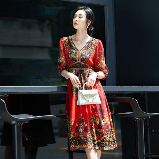 CS 90431烫钻定位印花气质收腰法式真丝桑蚕丝连衣裙 商品图2