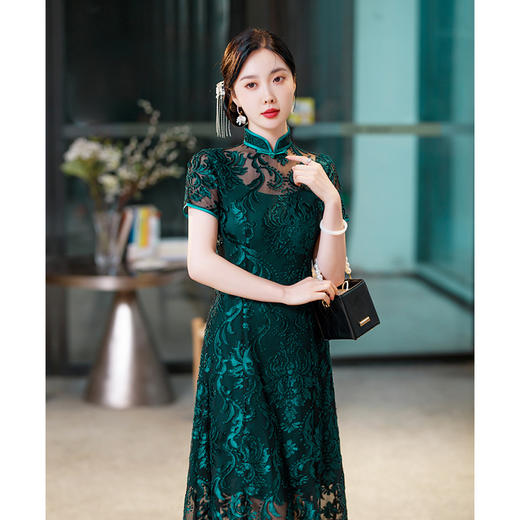 SYG-596春夏款黑色蕾丝旗袍年轻款性感时尚中长款气质改良优雅连衣裙 商品图3