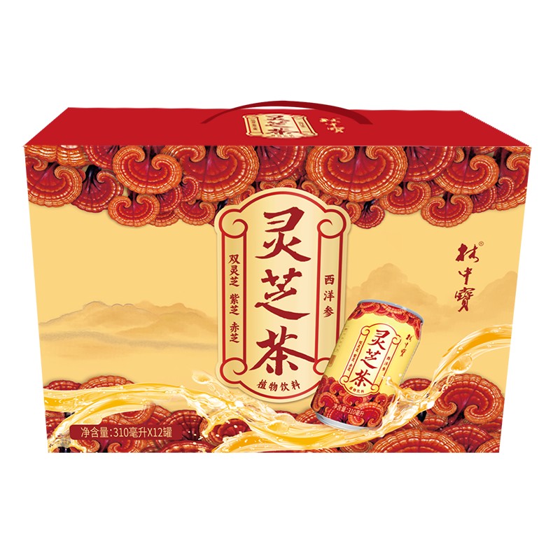 林中宝灵芝茶饮料双灵芝紫芝赤芝西洋参 350毫升*12罐 人参茶