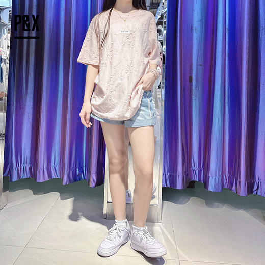 P&X设计师女装夏季圆领休闲套头宽松针织蕾丝T恤824202522 杏色 商品图2