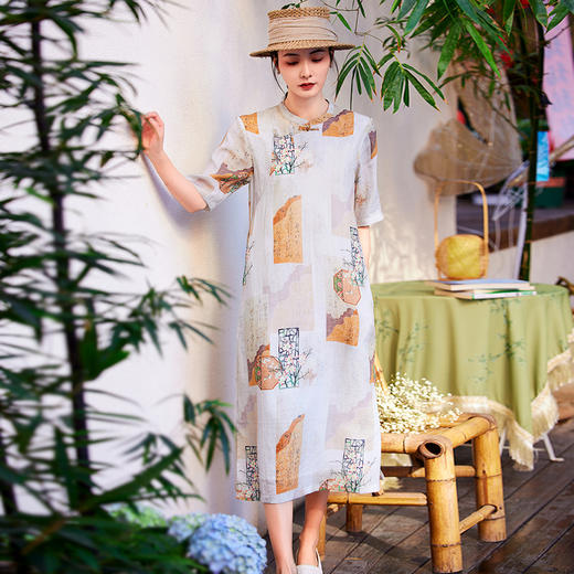 HM-S425中式苎麻印花改良旗袍日常服盘扣立领斜襟中袖文艺连衣裙春季新款 商品图1