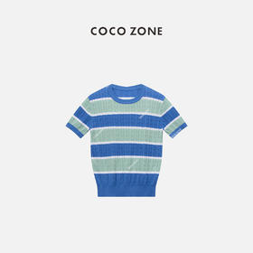COCO ZONE莱塞尔棉混纺拼色条纹短袖针织衫气质圆领上衣CC1B0900
