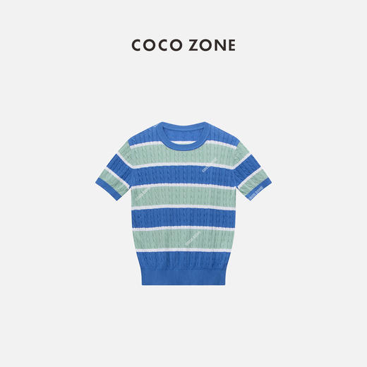 COCO ZONE莱塞尔棉混纺拼色条纹短袖针织衫气质圆领上衣CC1B0900 商品图0