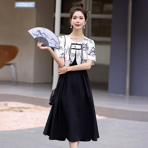 2024新款盘扣修身时尚印花新中式小外套吊带裙两件套连衣裙HR-LMJY6680 商品图2