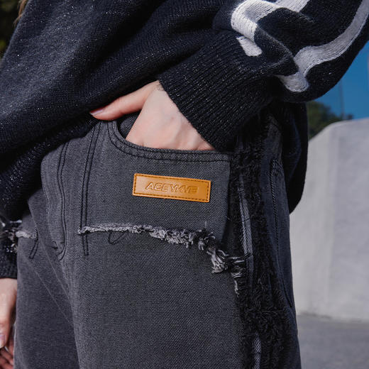 ACEYKYB秋季长裤新款猫须毛边水洗黑裤子潮流美式街头宽松直筒牛仔裤 商品图2