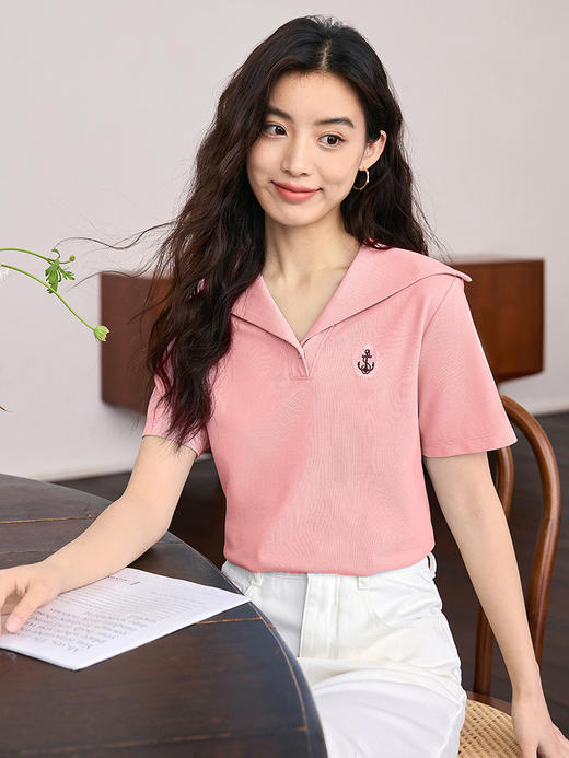 【五折购】熙世界法式海军领短袖T恤女设计感别致休闲体恤上衣2025夏新款 商品图1