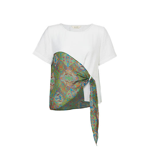 游园惊梦系列-翠袖红云拼接印花T恤 | 白色、绿色 商品图11