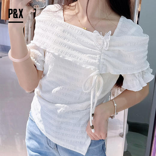 P&X设计师女装夏季法式一字肩修身甜美方领T恤 824202520 杏色 商品图0