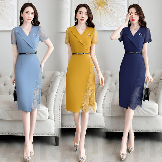 HR-WX866-59夏季新款时尚气质优雅蕾丝拼接纯色连衣裙配腰带 商品图0