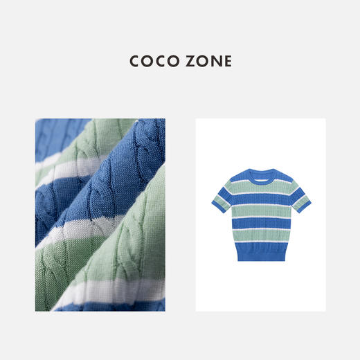 COCO ZONE莱塞尔棉混纺拼色条纹短袖针织衫气质圆领上衣CC1B0900 商品图2
