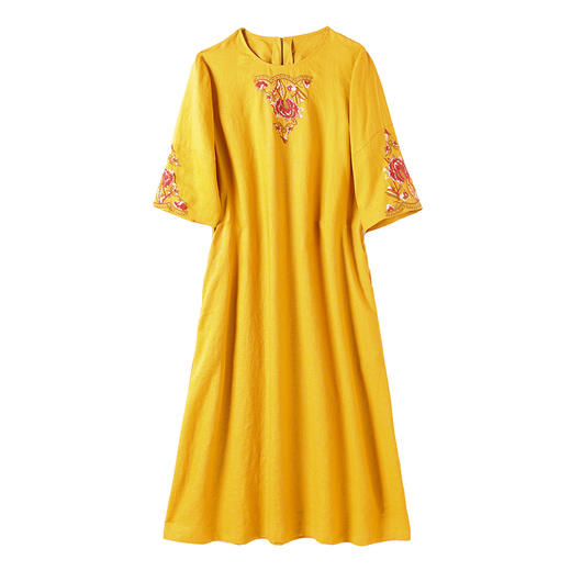 HM-S453民族风刺绣亚麻连衣裙 2024春夏新款国风复古圆领五分袖宽松A字裙 商品图4