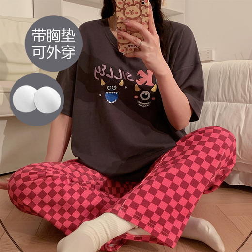 【自带无感Bra 贴身舒适 防凸点外穿不尴尬】2024夏季新款带胸垫睡衣 女棉质短袖长裤 可外穿薄款 女士家居服-QQ 商品图12