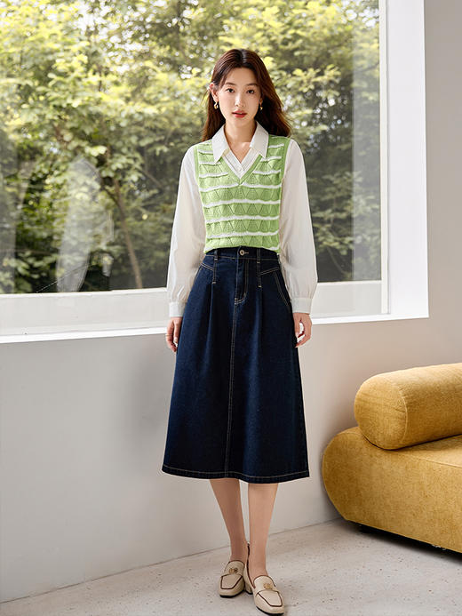 【年终特卖】熙世界翻领拼接条纹针织长袖衬衫2025秋新款宽松休闲假两件衬衣 商品图4