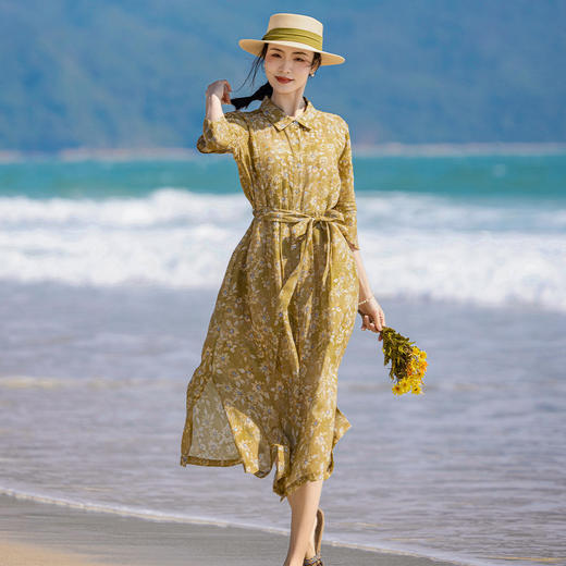 HM-S428春夏原创复古碎花苎麻连衣裙高端七分袖系带印花A字衬衫长裙 商品图1