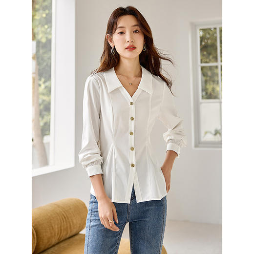 【129选3件，不退换】熙世界法式白色衬衫秋季2024年新款高级感气质衬衣显瘦收腰上衣 商品图2