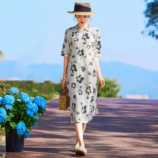 HM-S435春夏新款高端苎麻印花改良旗袍原创女装立领中袖文艺复古连衣裙 商品图3