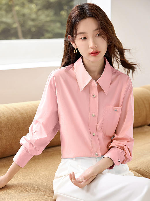 【年终特卖】熙世界多巴胺纯色休闲长袖衬衫2025年秋季新款法式通勤纯棉衬衣 商品图2