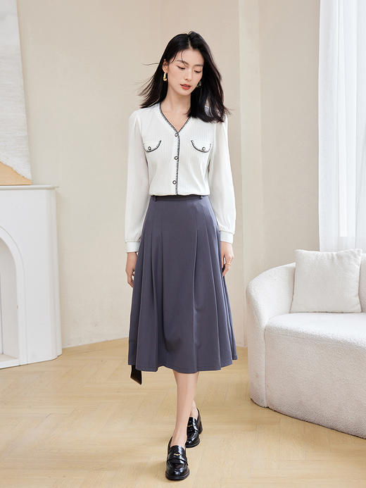 【年终特卖】熙世界小香风撞色织带V领长袖雪纺上衣时尚气质小衫2025秋新款 商品图2