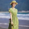 HM-S452夏季新款原创高端纯亚麻连衣裙简约V领连袖优雅风高腰大摆裙 商品缩略图2