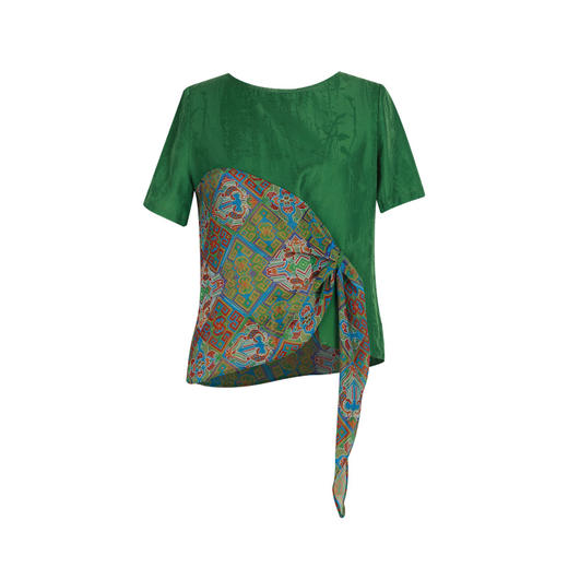 游园惊梦系列-翠袖红云拼接印花T恤 | 白色、绿色 商品图0