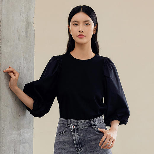 玳莎设计感圆领针织衫女2024年早秋新款时尚小众拼接七分泡泡袖上衣  EC31201 商品图1