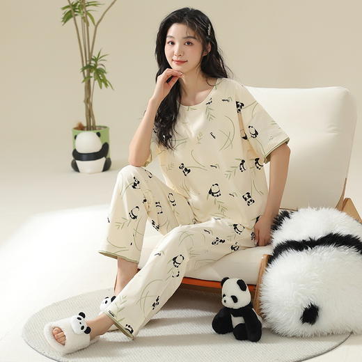 【自带无感Bra 贴身舒适 防凸点外穿不尴尬】2024夏季新款带胸垫睡衣 女棉质短袖长裤 可外穿薄款 女士家居服-QQ 商品图6