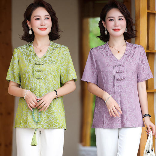 MC 2421夏装V领仿真丝小衫宽松洋气缎面上衣 商品图0