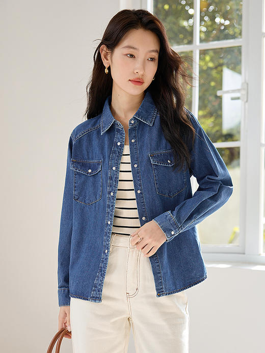 【年终特卖】熙世界牛仔衬衫春秋2025新款时尚宽松休闲复古纯棉长袖衬衣外套 商品图2