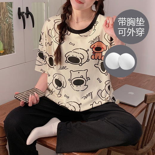 【自带无感Bra 贴身舒适 防凸点外穿不尴尬】2024夏季新款带胸垫睡衣 女棉质短袖长裤 可外穿薄款 女士家居服-QQ 商品图13