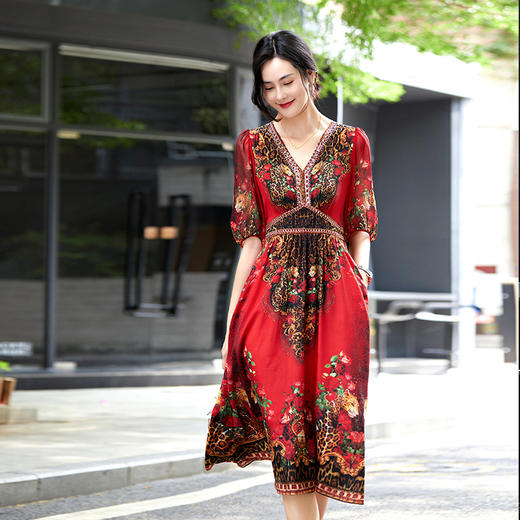 CS 90431烫钻定位印花气质收腰法式真丝桑蚕丝连衣裙 商品图1