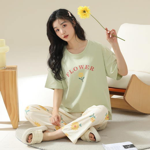 【自带无感Bra 贴身舒适 防凸点外穿不尴尬】2024夏季新款带胸垫睡衣 女棉质短袖长裤 可外穿薄款 女士家居服-QQ 商品图5
