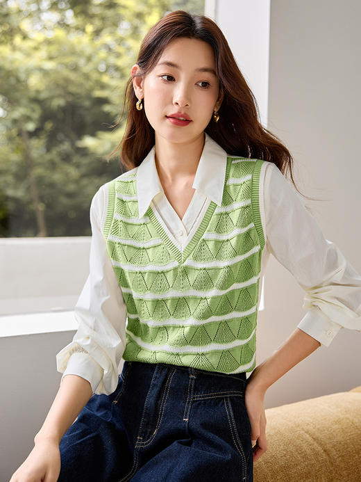 【年终特卖】熙世界翻领拼接条纹针织长袖衬衫2025秋新款宽松休闲假两件衬衣 商品图2