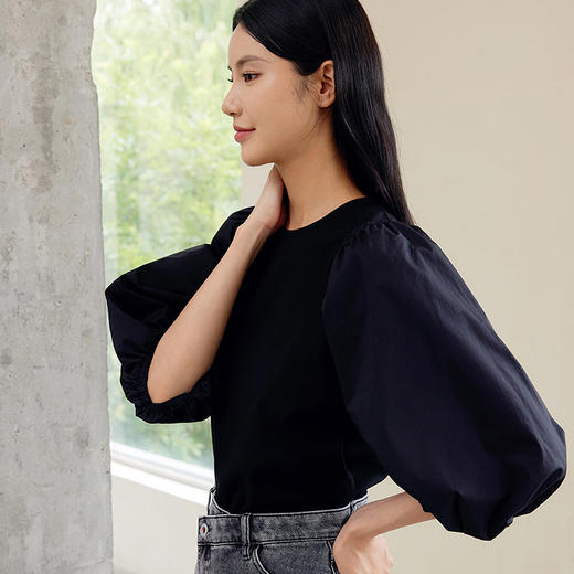 玳莎设计感圆领针织衫女2024年早秋新款时尚小众拼接七分泡泡袖上衣  EC31201 商品图2
