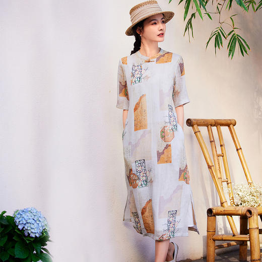 HM-S425中式苎麻印花改良旗袍日常服盘扣立领斜襟中袖文艺连衣裙春季新款 商品图2