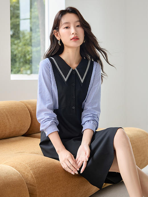 【年终特卖】熙世界设计感法式条纹长袖拼接翻领假两件连衣裙女2025秋季新款 商品图1