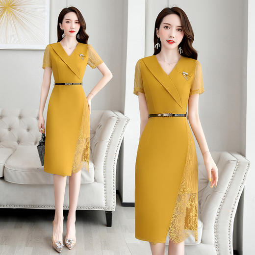 HR-WX866-59夏季新款时尚气质优雅蕾丝拼接纯色连衣裙配腰带 商品图2