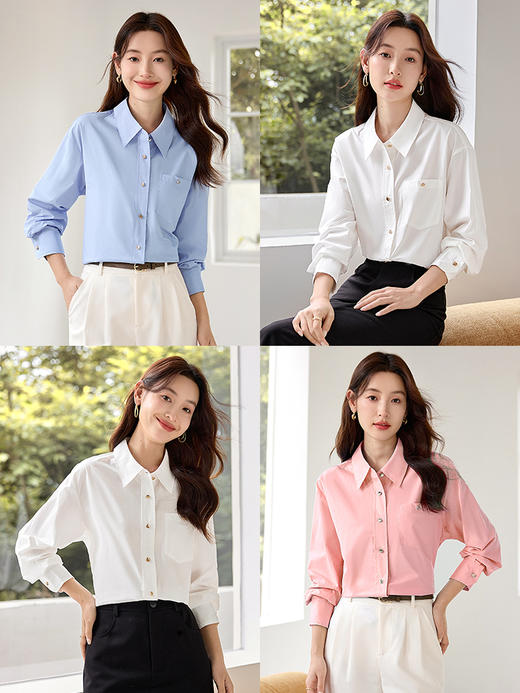 【年终特卖】熙世界多巴胺纯色休闲长袖衬衫2025年秋季新款法式通勤纯棉衬衣 商品图1