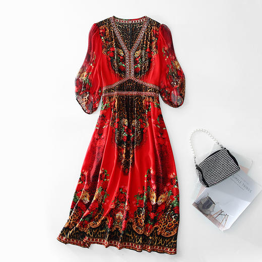 CS 90431烫钻定位印花气质收腰法式真丝桑蚕丝连衣裙 商品图4