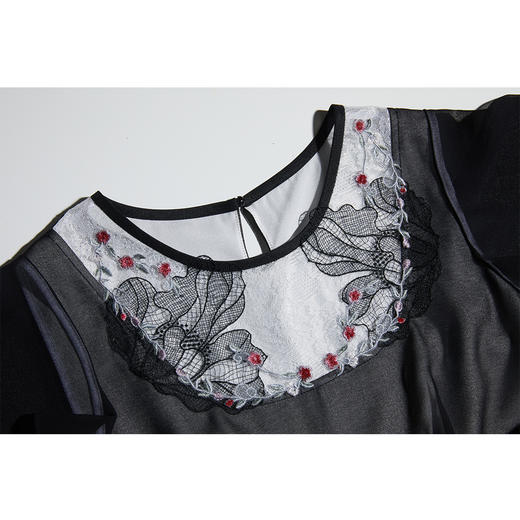 司歌国风短袖连衣裙渐变雪纺印花蕾丝A871038 商品图1