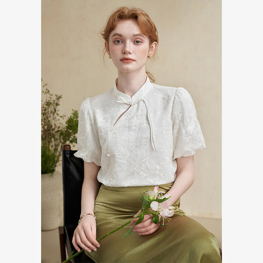 西遇法式少女感浪漫短袖衬衣女夏季新款宽松百搭中式清雅上衣D2341855 商品图3