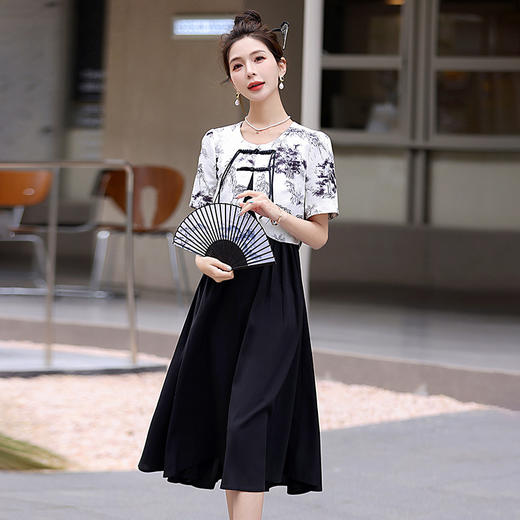 2024新款盘扣修身时尚印花新中式小外套吊带裙两件套连衣裙HR-LMJY6680 商品图3