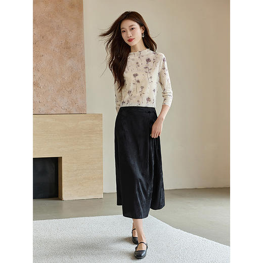 【专属特惠】熙世界玫瑰晕染网纱打底衫秋2025新款内搭木耳边半高领T恤上衣 商品图4