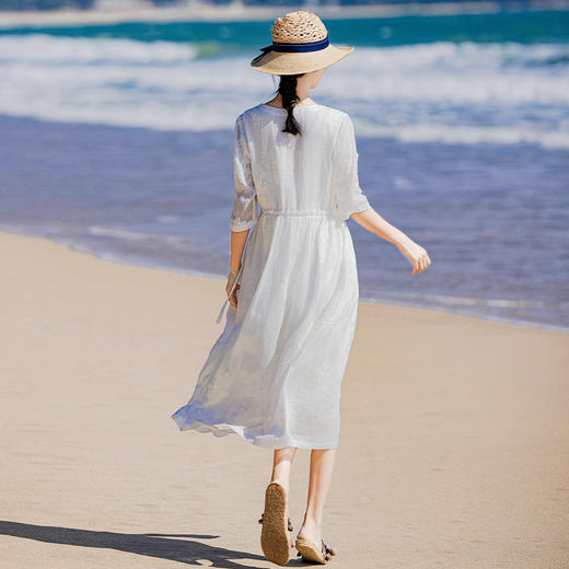 HM-S450中国风丝菊重工刺绣白色连衣裙文艺旅行夏季原创新款 商品图3