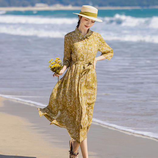 HM-S428春夏原创复古碎花苎麻连衣裙高端七分袖系带印花A字衬衫长裙 商品图0