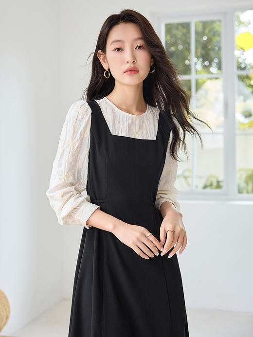 【专属特价】熙世界法式赫本千金风黑色连衣裙秋长袖刺绣拼接假两件显瘦裙子 商品图2