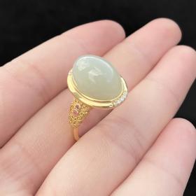 玉美人菲菲HZ/S925和田玉蛋面戒指约10*14mm/可调节