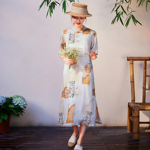 HM-S425中式苎麻印花改良旗袍日常服盘扣立领斜襟中袖文艺连衣裙春季新款 商品图0