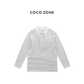 COCO ZONE 时尚休闲条纹T恤百搭翻领长袖上衣CC1B1409